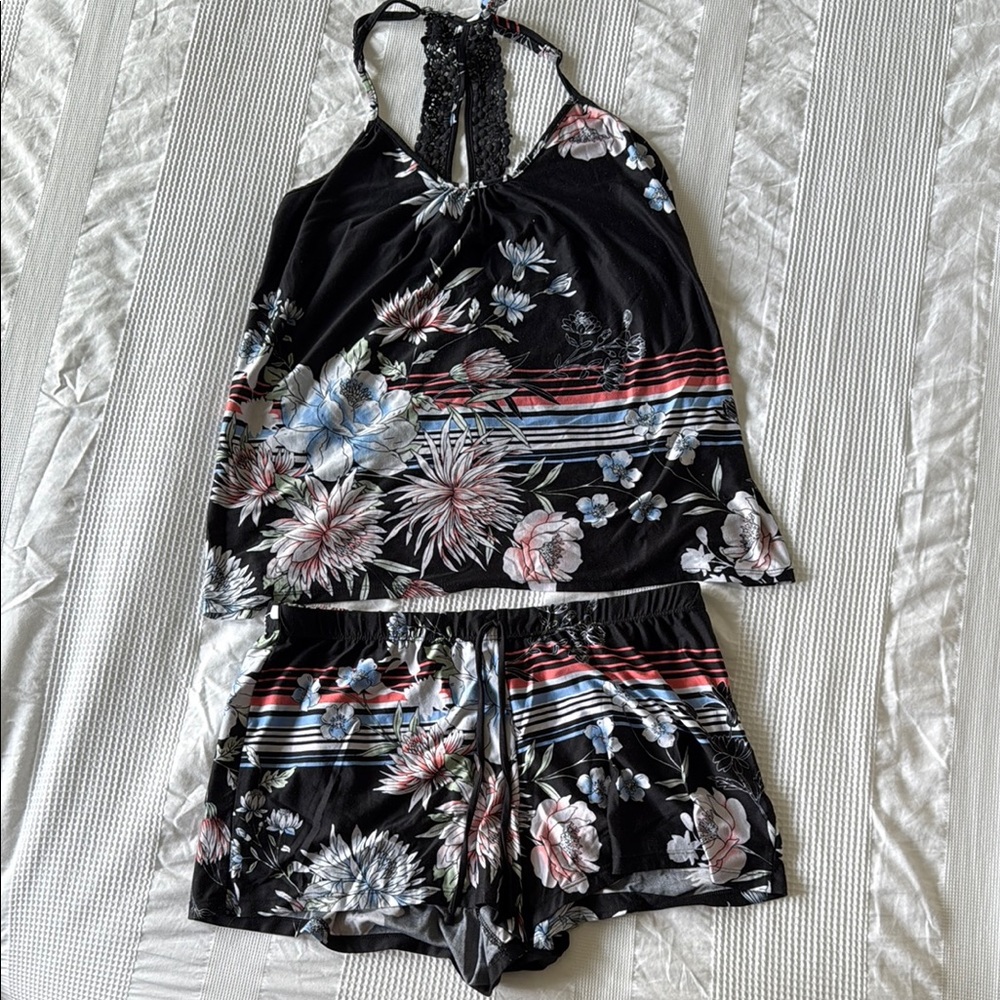 Linea Donatella Black and Pink Floral Pajama Set